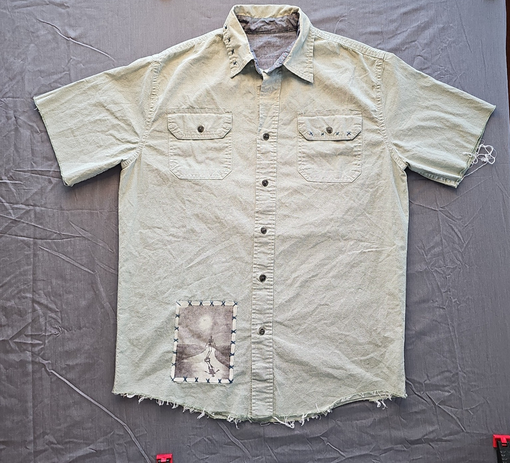 Wrangler Mens Small Distressed Shirt Skeleton Skateboard Patch Raw Hem Grunge